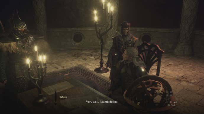 The elven lord Taliesin talks with the player in Dragon’s Dogma 2.