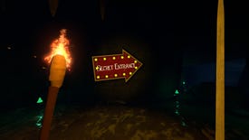 A large, brightly lit sign in a dungeon that reads 'Secret Entrance'
