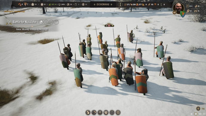 A group of militia get ready for combat in Manor Lords.