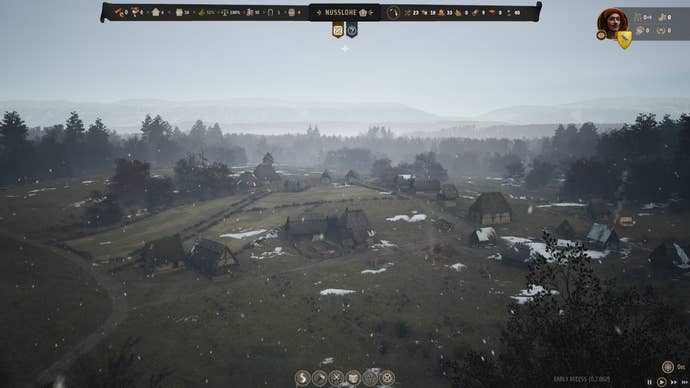 A zoomed-out look at Bertie’s smallish village in Manor Lords. Patches of snow can be seen on the ground. It makes me cold just to look at it. Where’s my radiator?