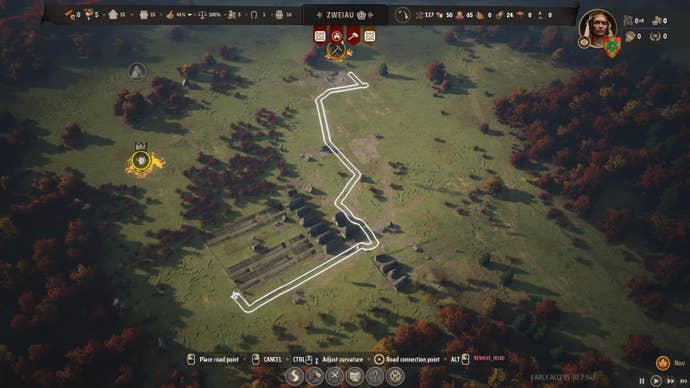 A screenshot showing a windy road in Manor Lords.