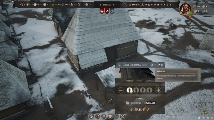 The Demolish option in Manor Lords, highlighted on a snowy storehouse.