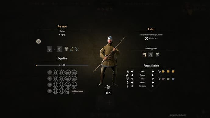 A menu screen in Manor Lords showing a combat unit type - a retainer - which you can customise the look of and upgrade with new armour pieces and equipment. Though, in the early access release of the game, much of this is locked.