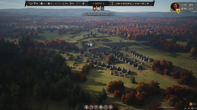 Bertie’s growing medieval village in Manor Lords. It’s autumn time and the forests around the settlement are turning burnt orange and brown.