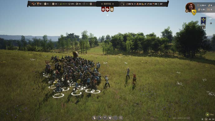 A combat moment in Manor Lords. Bertie’s local militia - armed with spears and shields, and some with bows - clash with bandits. There are about 100 people all in all. It’s not one of history’s greatest battles.