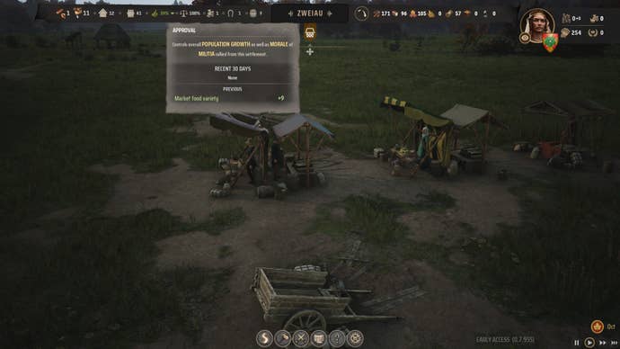 A screenshot showing the Approval rating of a settlement in Manor Lords.