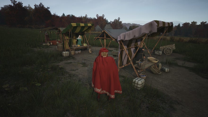 A screenshot showing a lord observing their market stalls in Manor Lords.