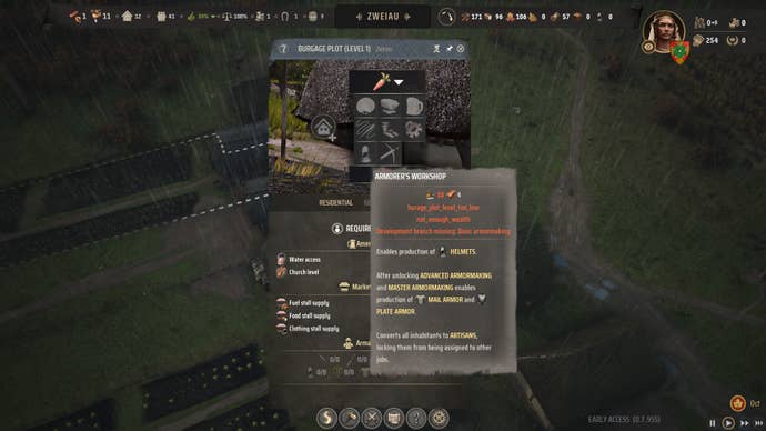 A screenshot showing the workshops that can be built in Burgage Plots in Manor Lords.