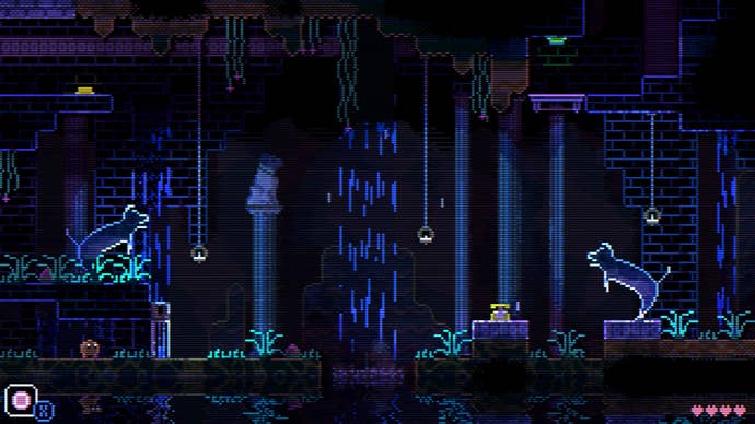 A telephone room fringed by leaping dog statues with a waterfall in the middle in Animal Well
