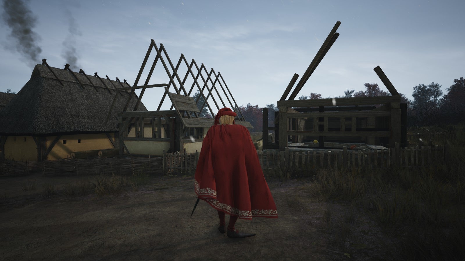 A shot of a village under construction in Manor Lords.