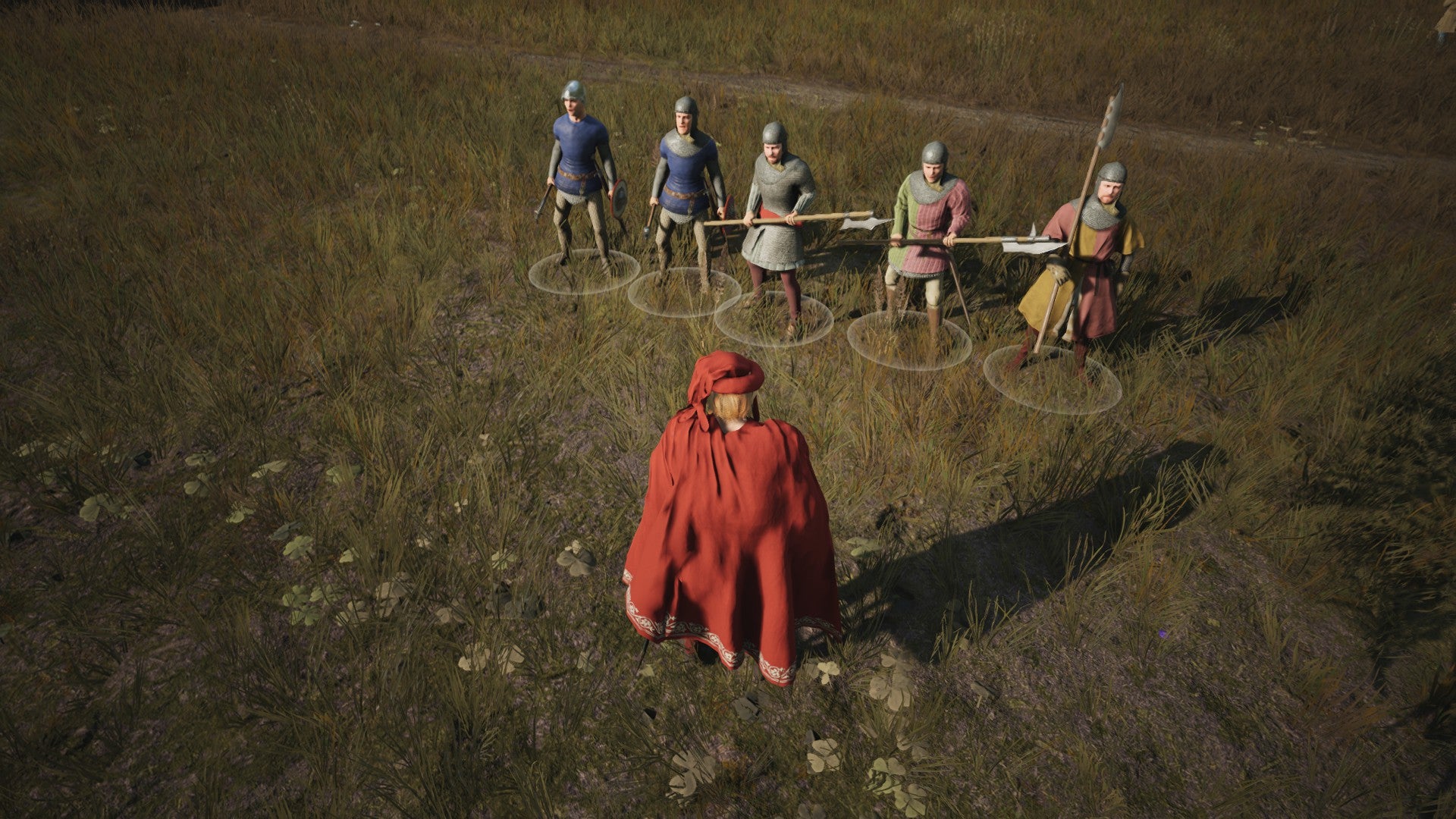 Observing five members of a Retinue in Manor Lords.