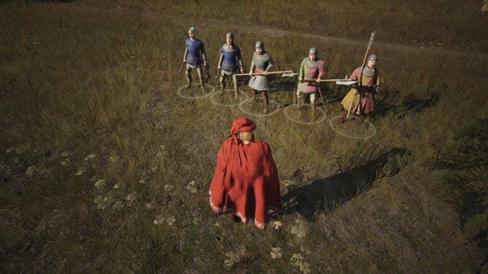 Observing five members of a Retinue in Manor Lords.