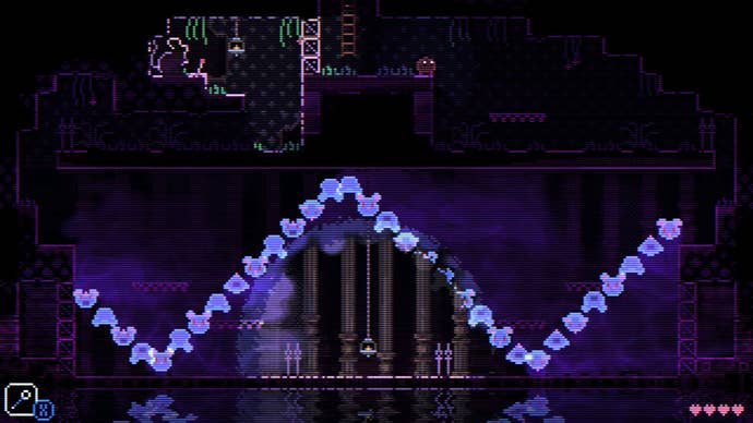 A zig-zagging line of glowing ghostly mouse heads in Animal Well