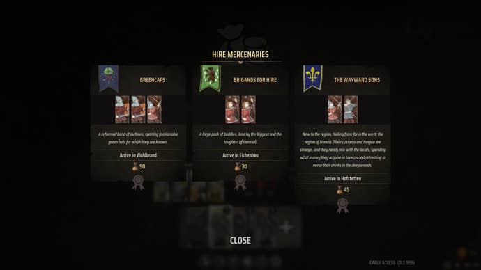 The hire mercenaries screen in Manor Lords.