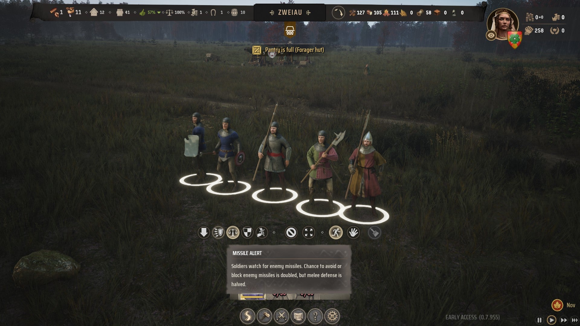 A screenshot showing five members of a retinue in Manor Lords, as well as their morale. - 8