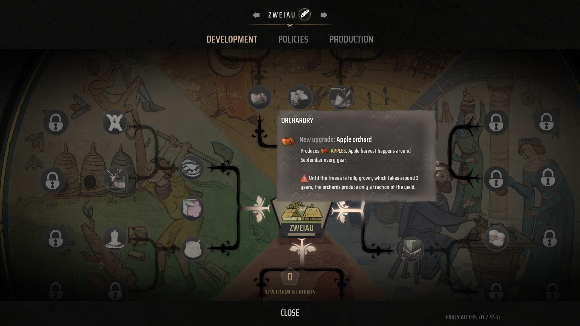 A screenshot of the Manor Lords developmental upgrade tech tree, showing the Orchardry option. - 4