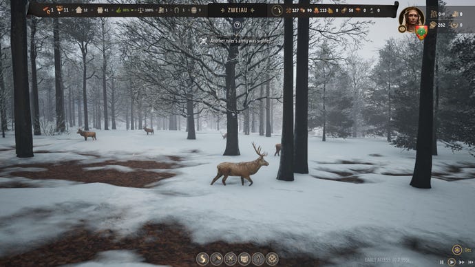 A screenshot showing wild animals wandering the woods in Manor Lords.