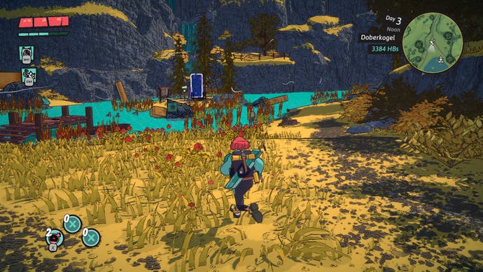 The player explores an area of grassland in Dungeons of Hinterberg.