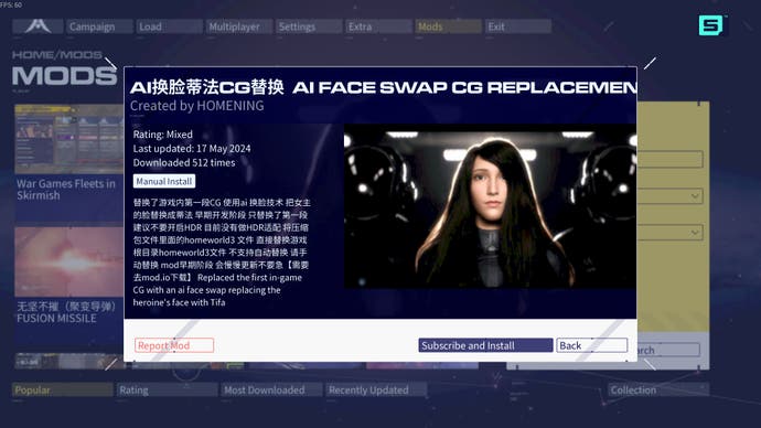 homeworld 3 screenshot, showing an ai face swap mod available for download