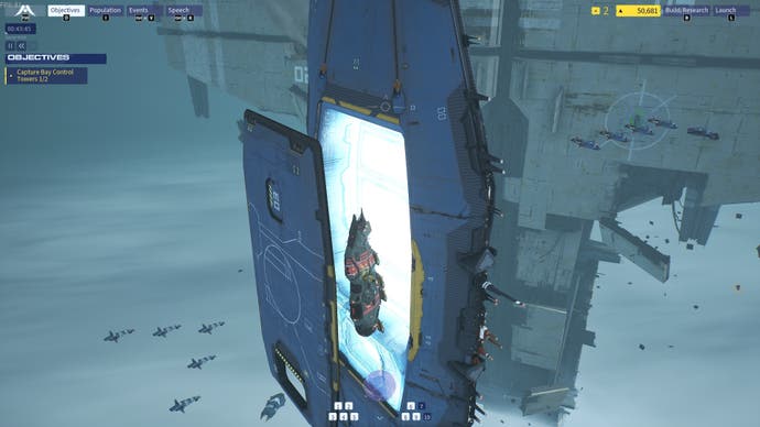 homeworld 3 screenshot, showing a large ship entering the mothership's main hangar bay