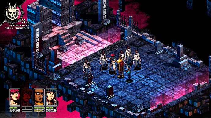 Demonschool screenshot showing battle against zombie students on an isometric grid