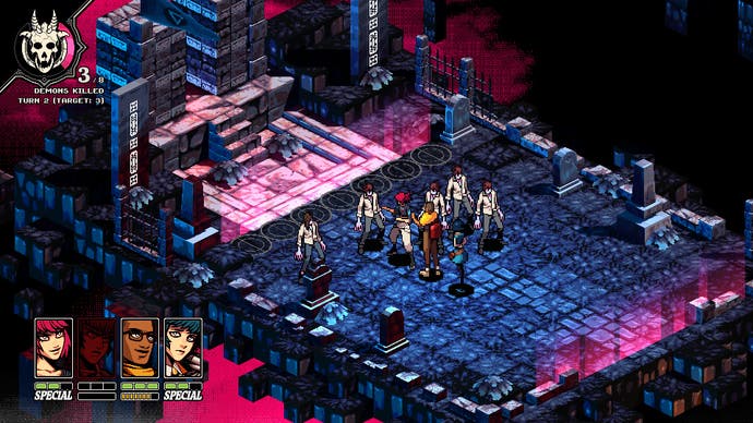 Demonschool screenshot showing battle against zombie students on an isometric grid