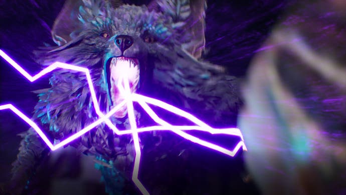 Close up of Enki the fox God from Flintlock with purple electricity shooting from his mouth