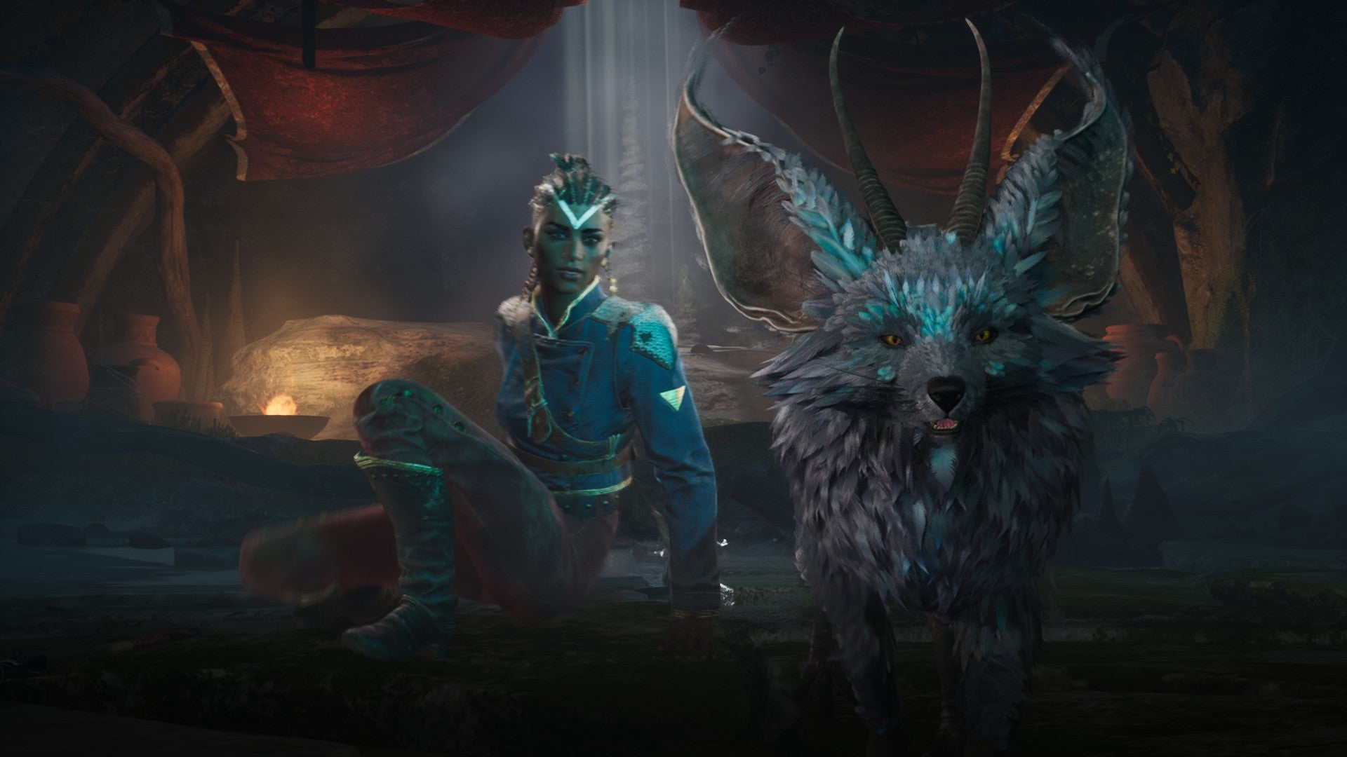 Nor and Enki from Flintlock, black female protagonist and fox god, on the floor of a dark cavern