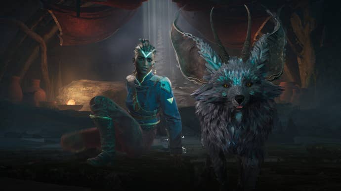 Nor and Enki from Flintlock, black female protagonist and fox god, on the floor of a dark cavern