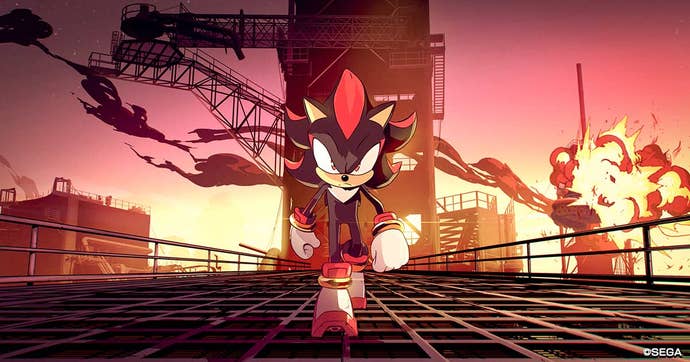 Shadow the Hedgehog walks away from an explosion, without looking back.