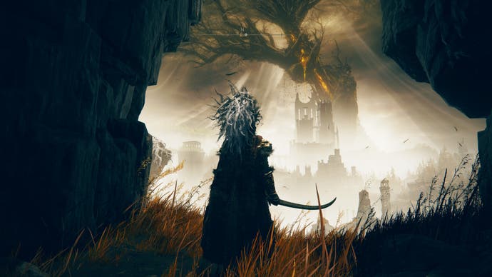 A warrior emerges from a cave in Elden Ring's Shadow of the Erdtree expansion.