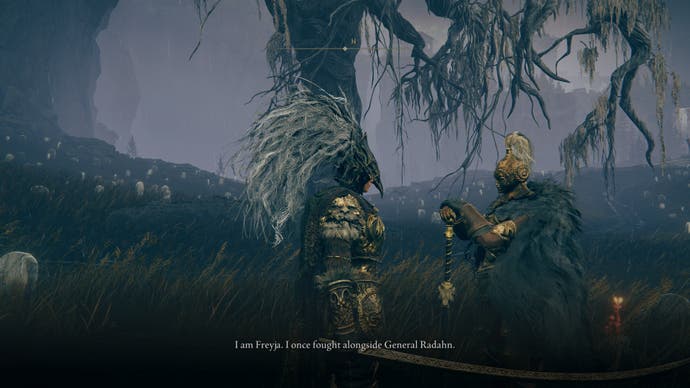 A warrior talks with Freyja in Shadow of the Erdtree