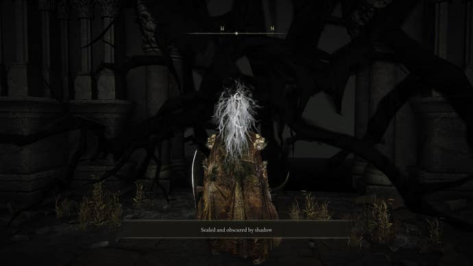 A warrior approaches a door that’s obscured by shadow in Shadow of the Erdtree.