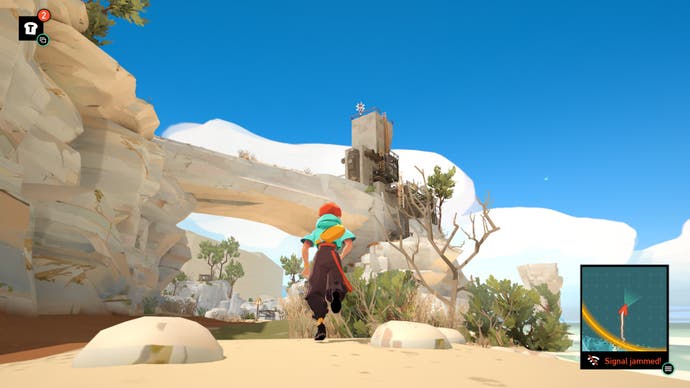Un joven héroe mira fijamente una estrecha instalación encima de un saliente de roca costera color crema en esta pantalla de Caravan SandWitch.