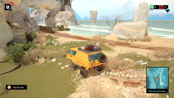 Una camioneta brillante y robusta conduce por un terreno accidentado junto a la costa en esta pantalla de Caravan SandWitch