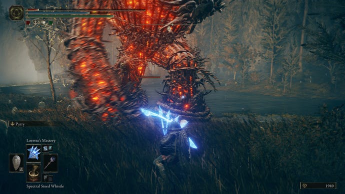 A Tarnished unleashes a spell against a Furnace Golem's legs in Shadow of the Erdtree.