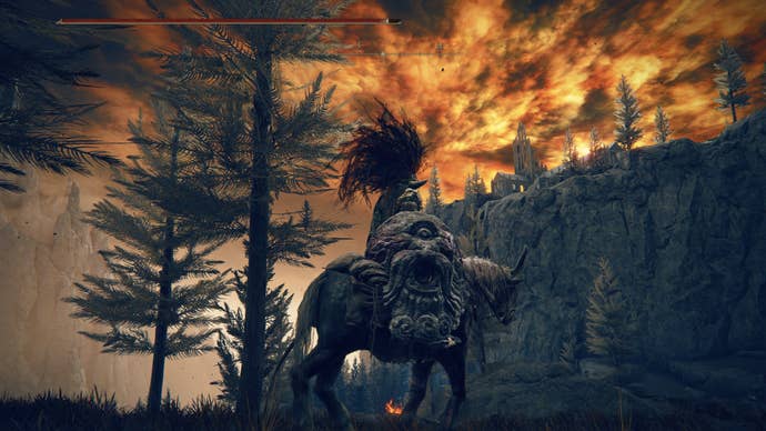 A warrior rides their horse into the sunset in Elden Ring Shadow of the Erdtree.