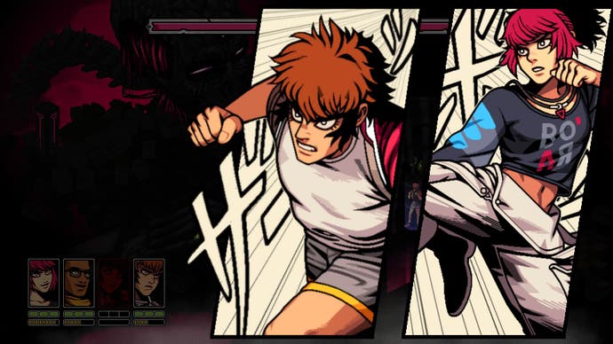 Demonschool screenshot showing artwork of two characters as they combine forces mid-battle
