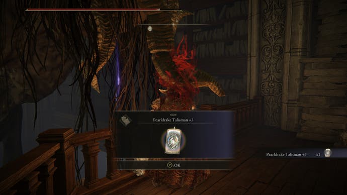 A warrior collects the Pearldrake Talisman +3 from the Shadow Keep in SHadow of the Erdtree.