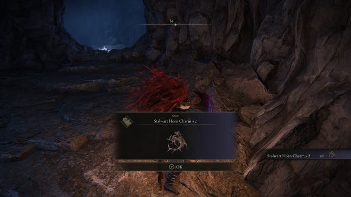 A warrior collects the Stalwart Horn Charm +2 in Bonny Gaol in Shadow of the Erdtree