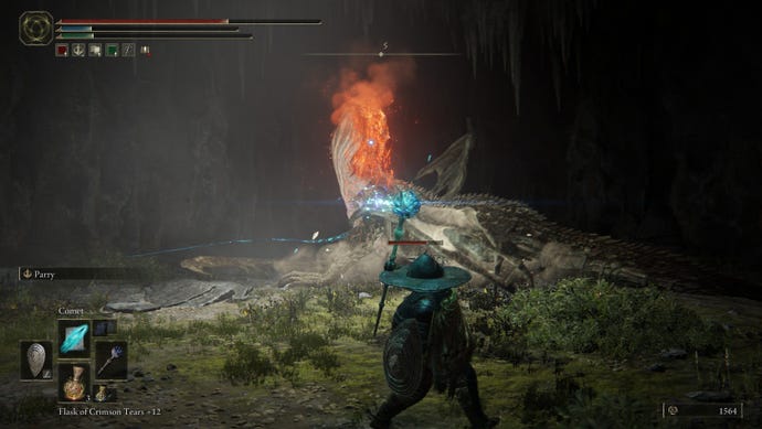 A Tarnished uses magic to fight a dragon in the Dragon's Pit dungeon of Elden Ring: Shadow of the Erdtree.