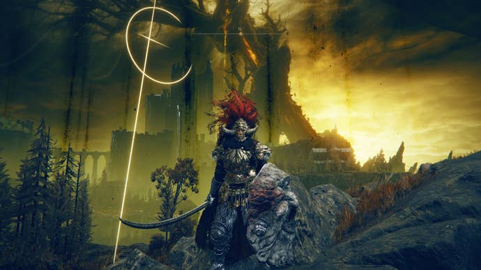 A warrior stands in front of a Miquella’s Cross and the Shadow Keep in Elden Ring Shadow of the Erdtree