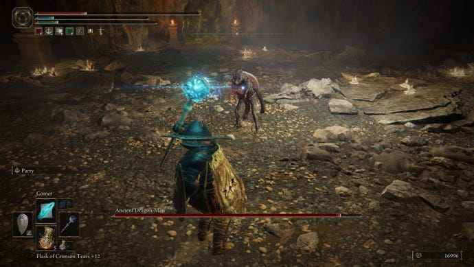 Fighting the Ancient Dragon-Man boss in Shadow of the Erdtree.