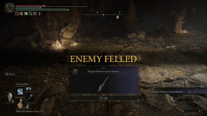 A screenshot reading “ENEMY FELLED” from Shadow of the Erdtree, showing that the player has obtained the Dragon-Hunter’s Great Katana.