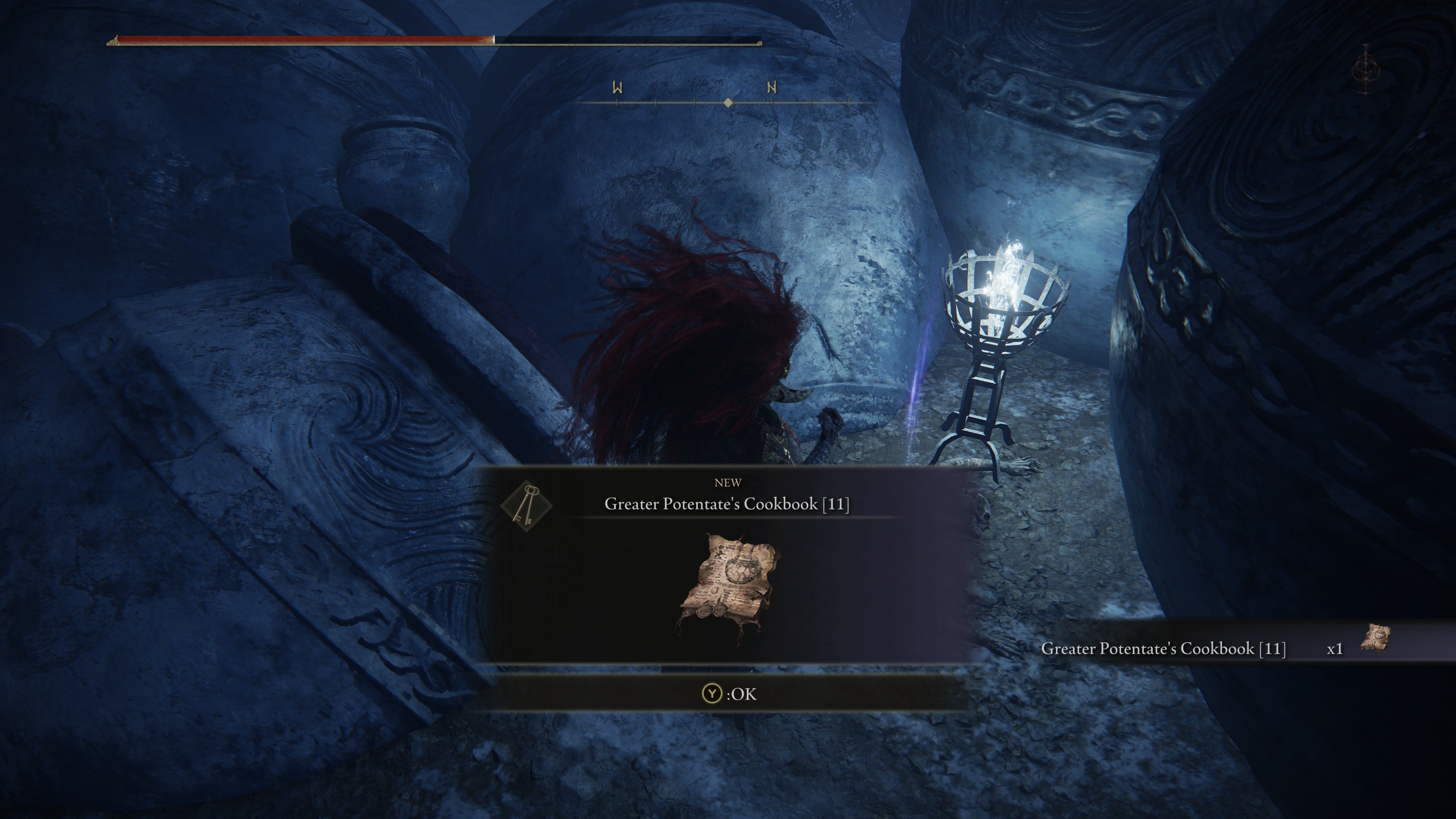 A warrior find the Greater Potentate Cookbook (11) inside the Belurat Gaol in Shadow of the Erdtree.