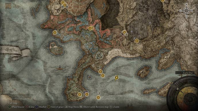 A map screen in Shadow of the Erdtree showing the western regions of the Southern Shore.