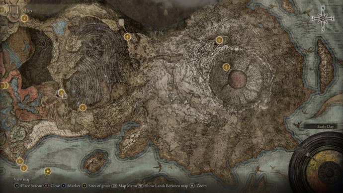 A map screen in Shadow of the Erdtree showing the Jagged Peak region of the Southern Shore.
