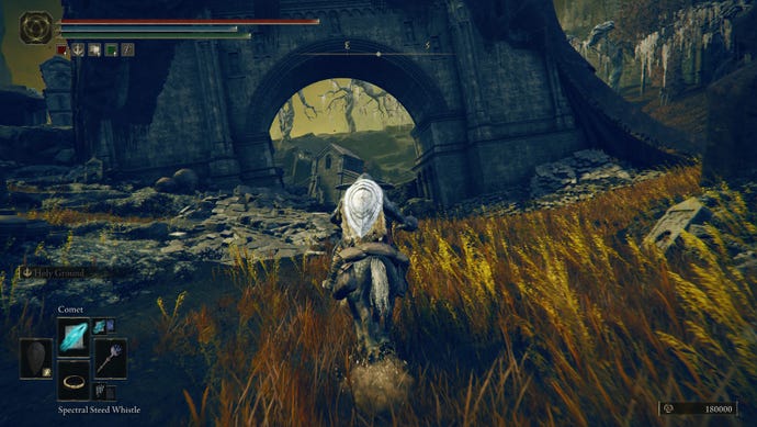 A Tarnished rides atop Torrent through Moorth Ruins in Elden Ring: Shadow of the Erdtree.