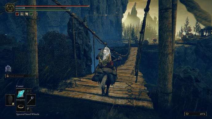 Crossing a rope bridge in Elden Ring: Shadow of the Erdtree.