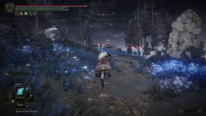 The Tarnished gallops through the Cerulean Coast in Elden Ring: Shadow of the Erdtree. Weird multi-coloured plants abound, and there’s a Troll in the background about to throw a pot.